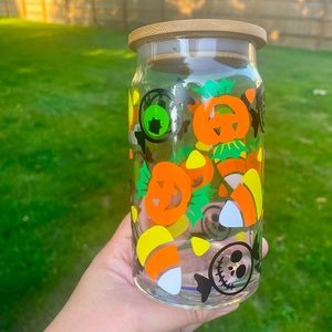 Halloween can glass with bamboo lid and glass straw